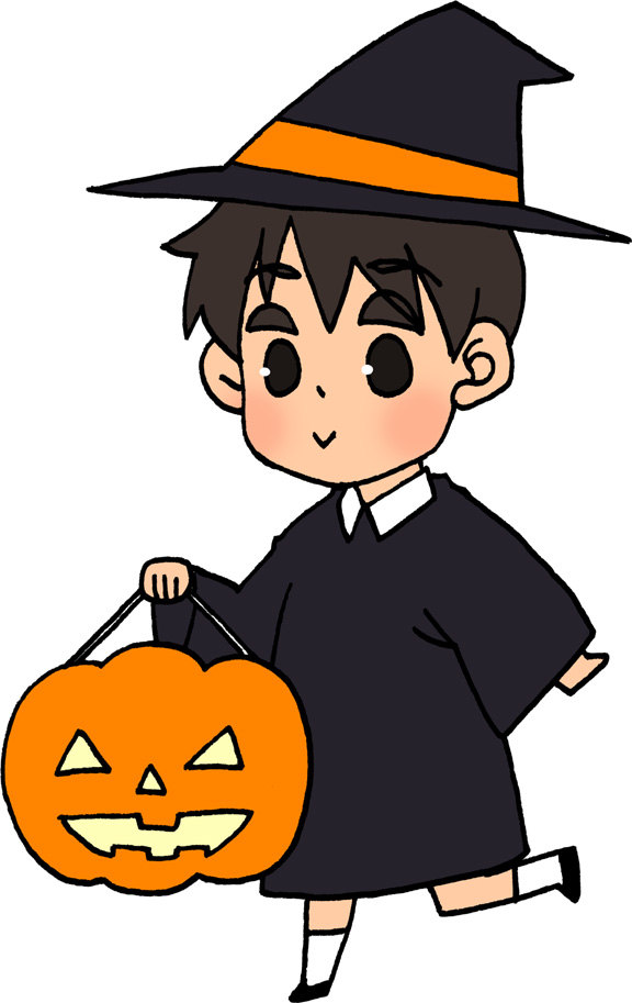 ハロウィンかぼちゃのランタンと男の子のイラストフリー素材 魔法使いのコスプレ