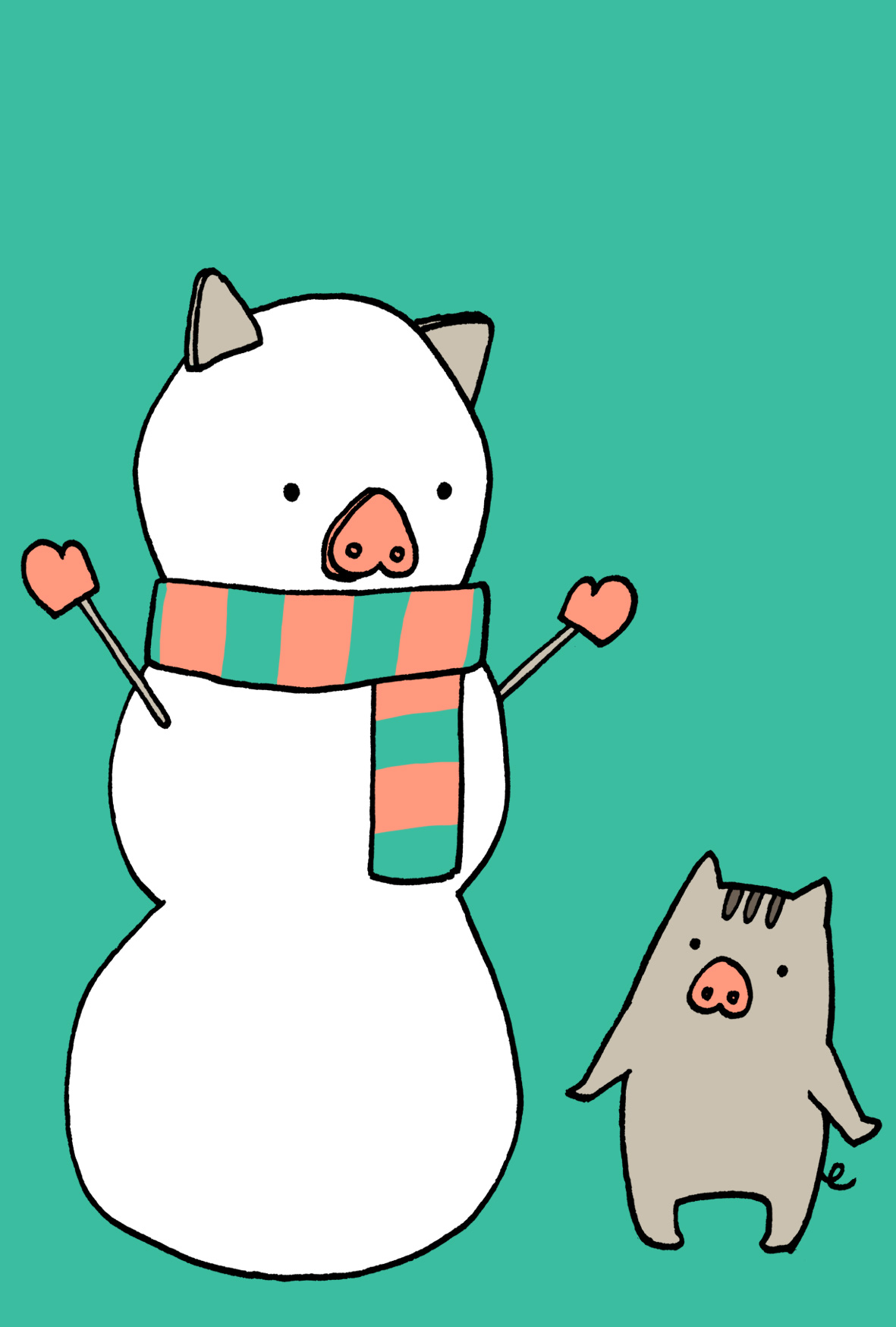 かわいい猪と雪だるまの亥年年賀状イラストフリー素材