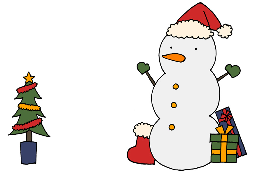 手描きクリスマスカードイラストフリー素材 雪だるまとプレゼント
