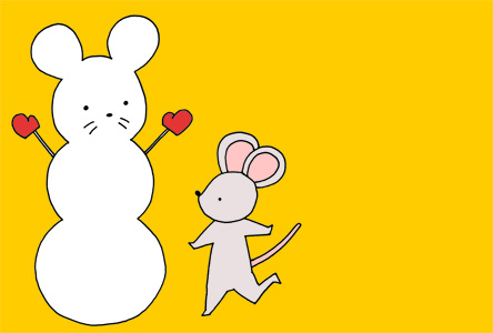 【無料】手描きイラスト年賀状 かわいいネズミと雪だるま【横型】